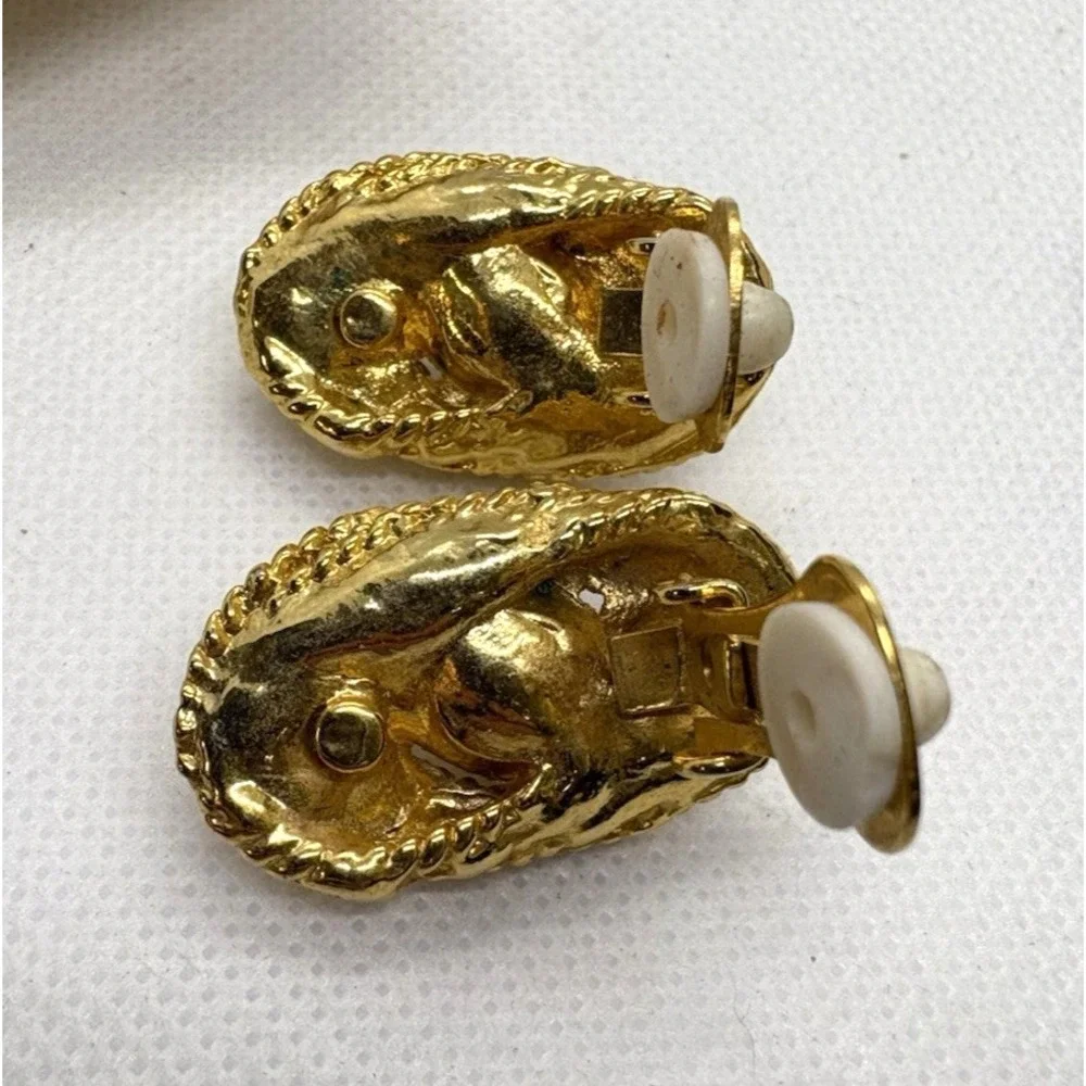 Vintage Gold Tone Clip-On Earrings Faux Pearl & Rhinestone Accents Textured Rope